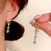 14K Gold-Plated Zircon Bow Tassel Earrings - elegant Gold Tassel Earrings
