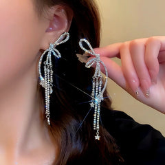 14K Gold-Plated Zircon Bow Tassel Earrings - elegant Bow Tassel Earrings