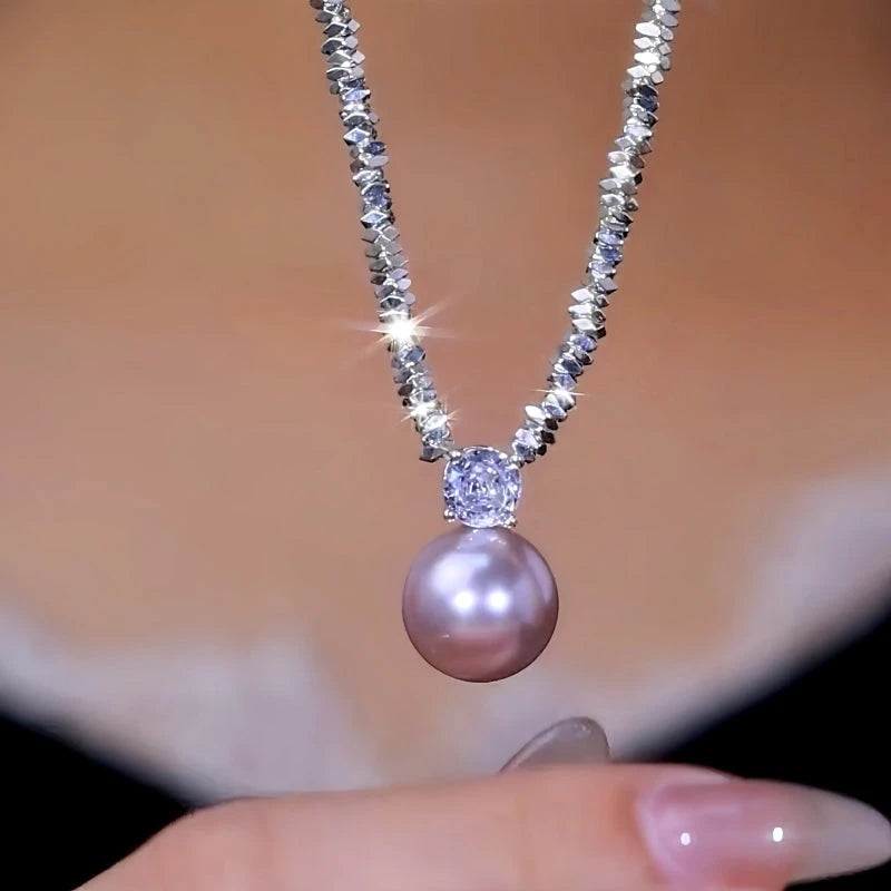 14K Gold-Plated Zircon Broken Silver Pearl Necklace worn to showcase its length and pendant detail