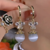 14K Gold-Plated Zircon Butterfly Cat's Eye Stone Pearl Earrings - elegant Butterfly Pearl Earrings