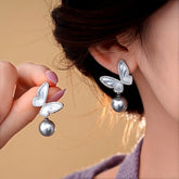 14K Gold-Plated Zircon Butterfly Gray Pearl Earrings - elegant Gray Pearl Earrings