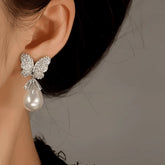 14K Gold-Plated Zircon Butterfly Pearl Earrings - elegant Butterfly Pearl Earrings