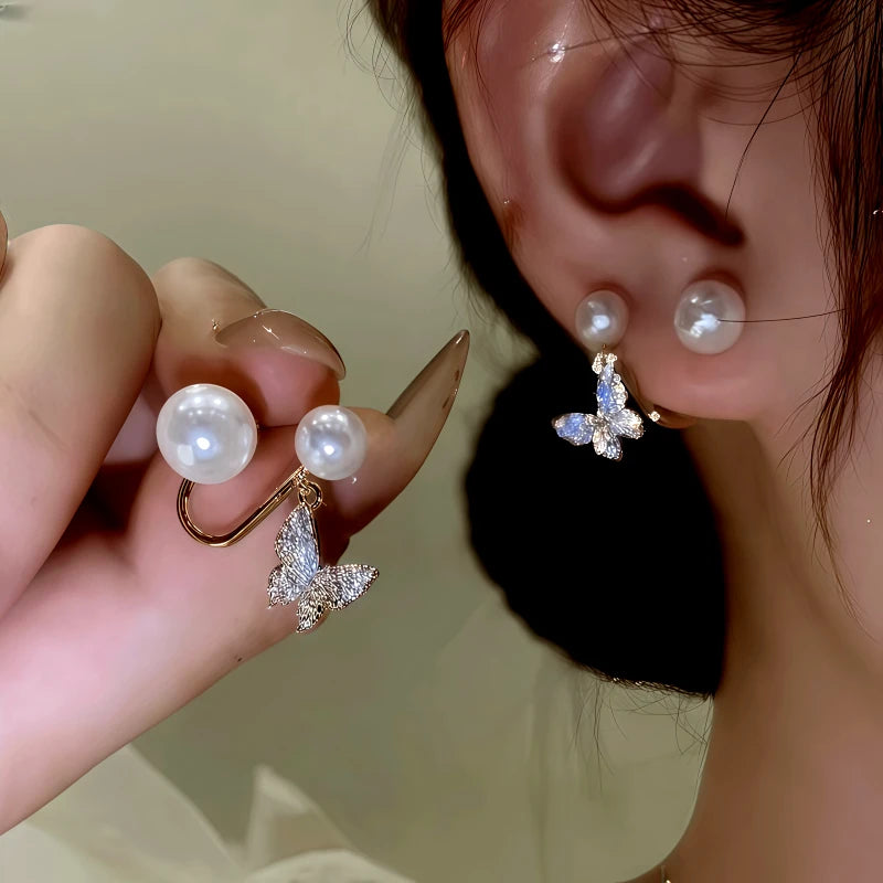 14K Gold-Plated Zircon Butterfly Pearl Jacket Earrings - elegant Pearl Jacket Earrings