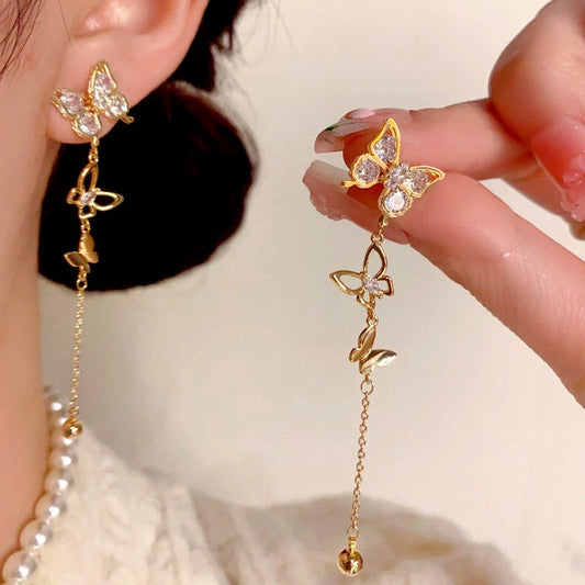 14K Gold-Plated Zircon Butterfly Tassel Earrings - elegant Butterfly Tassel Earrings