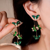 14K Gold-Plated Zircon Butterfly Tassel Earrings - elegant Green Tassel Earrings