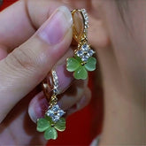 14K Gold-Plated Zircon Cat's Eye Four Leaf Earrings - elegant Four-Leaf Clover Earrings