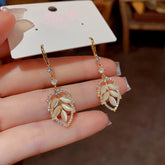 14K Gold-Plated Zircon Cat's Eye Leaf Ear Hook Earrings - elegant Leaf Ear Hooks