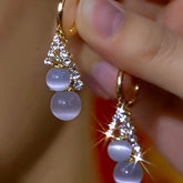 14K Gold-Plated Zircon Cat's Eye Stone Bead Earrings - elegant Cat's Eye Drop Earrings