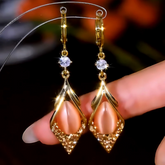 14K Gold-Plated Zircon Cat's Eye Stone Earrings - elegant Brown Cat's Eye Earrings
