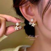 14K Gold-Plated Zircon Cat's Eye Stone Flower Pearl Earrings - elegant Flower Pearl Jacket Earrings