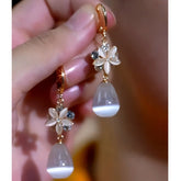 14K Gold-Plated Zircon Cat's Eye Stone Flower Water Drop Earrings - elegant Flower Water Drop Earrings