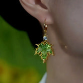 14K Gold-Plated Zircon Cat's Eye Stone Green Maple Leaf Earrings - elegant Maple Leaf Earrings