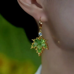 14K Gold-Plated Zircon Cat's Eye Stone Green Maple Leaf Earrings - elegant Maple Leaf Earrings