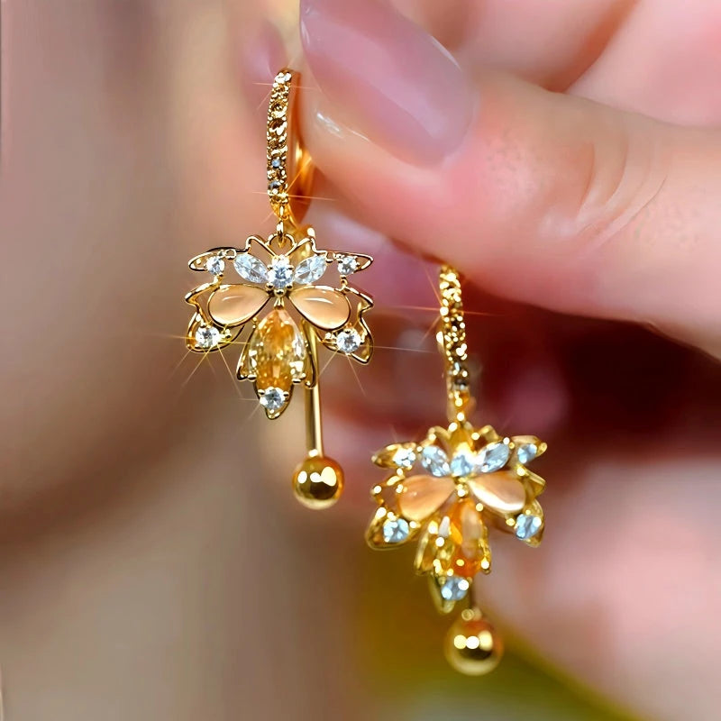14K Gold-Plated Zircon Cat's Eye Stone Maple Leaf Earrings - elegant Champagne Maple Leaf Earrings