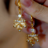 14K Gold-Plated Zircon Cat's Eye Stone Maple Leaf Earrings - elegant Gold Maple Leaf Earrings