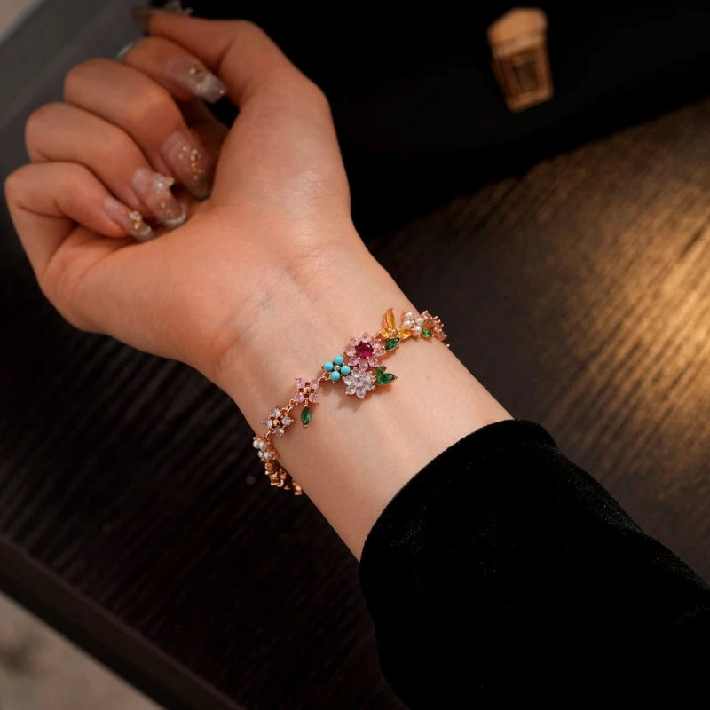 14K Gold-Plated Zircon Colorful Flower Bracelet - chic Colorful Flower Bracelet