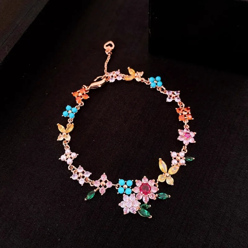 Full view of the elegant 14K Gold-Plated Zircon Colorful Flower Bracelet