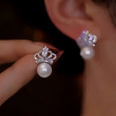 14K Gold-Plated Zircon Crown Pearl Earrings - elegant Crown Pearl Earrings