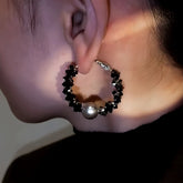 14K Gold-Plated Zircon Crystal Bead Earrings - elegant Black Bead Hoops