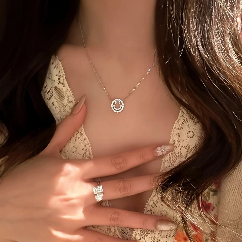 14K Gold-Plated Zircon Diamond-Studded Hollow Smiley Face Necklace worn to showcase its length and pendant detail