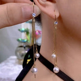 14K Gold-Plated Zircon Diamond Bead Threader Tassel Earrings - elegant Tassel Threader Earrings