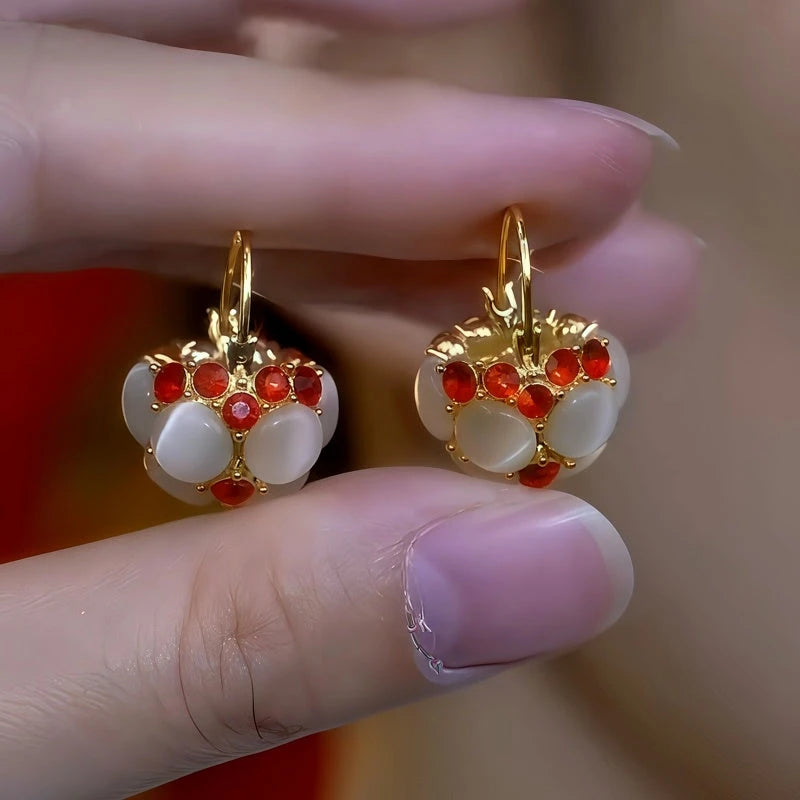 14K Gold-Plated 2025 Cat's Eye Stone Red Dimond Basket Earrings - elegant red drop earrings