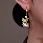 14K Gold-Plated Zircon Diamond Butterfly Pearl Earrings - elegant Butterfly Pearl Earrings