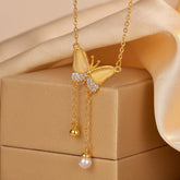 14K Gold-Plated Zircon Diamond Cat's Eye Stone Butterfly Tassel Necklace - beautiful Butterfly Tassel Necklace