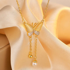 14K Gold-Plated Zircon Diamond Cat's Eye Stone Butterfly Tassel Necklace worn to showcase its length and pendant detail
