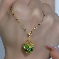 14K Gold-Plated Zircon Diamond Cat's Eye Stone Heart Pendant Necklace worn to showcase its length and pendant detail