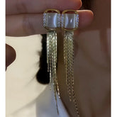 14K Gold-Plated Zircon Diamond Cat's Eye Stone Tassel Earrings - elegant Cat's Eye Tassel Earrings