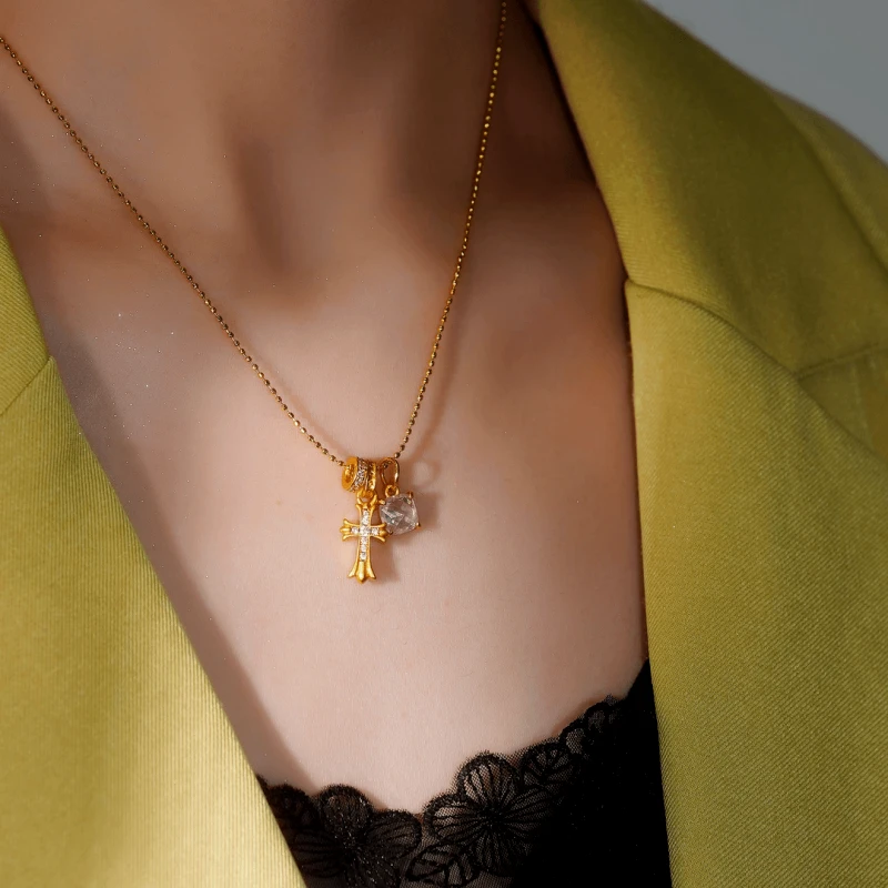 14K Gold-Plated Zircon Diamond Cross Necklace worn to showcase its length and pendant detail