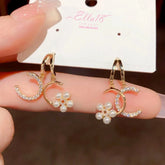 14K Gold-Plated Zircon Diamond Double-C Flower Pearl Earrings - elegant Floral Pearl Earrings