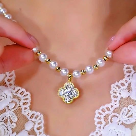 14K Gold-Plated Zircon Diamond Four-Leaf Clover Double-Sided Pearl Necklace - beautiful Clover Pearl Necklace