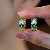 14K Gold-Plated Zircon Diamond Four-Leaf Flower Hoop Earrings - elegant Green Clover Hoops
