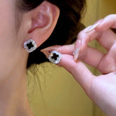 14K Gold-Plated Zircon Diamond Four Leaf Stud Earrings - elegant Black Clover Studs