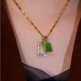 14K Gold-Plated Zircon Diamond Green Crystal Geometric Rectangular Necklace - beautiful Green Rectangular Necklace
