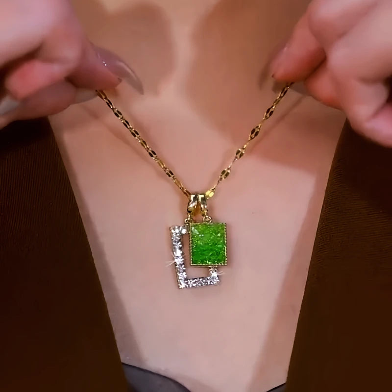 Close-up of the pendant and clasp on the Green Rectangular Necklace