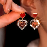 14K Gold-Plated Zircon Diamond Heart Earrings - elegant Red Heart Dangle Earrings