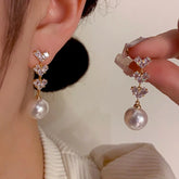 14K Gold-Plated Zircon Diamond Heart Pearl Tassel Earrings - elegant Pearl Tassel Earrings