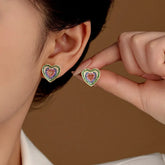 14K Gold-Plated Zircon Diamond Heart Stud Earrings - elegant Colorful Heart Studs