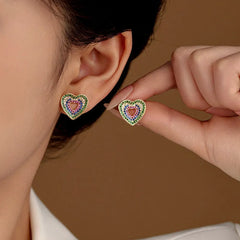 14K Gold-Plated Zircon Diamond Heart Stud Earrings - elegant Colorful Heart Studs