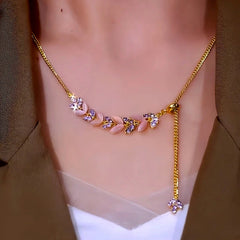14K Gold-Plated Zircon Diamond Peaceful Wheat Necklace worn to showcase its length and pendant detail