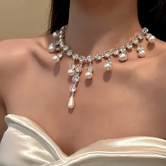 14K Gold-Plated Zircon Diamond Pearl Drop Necklace worn to showcase its length and pendant detail