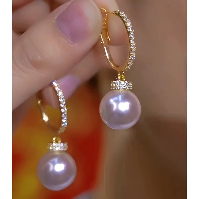 14K Gold-Plated Zircon Diamond Pearl Earrings - elegant Pearl Drop Earrings
