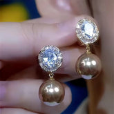 14K Gold-Plated Zircon Diamond Pearl Earrings - elegant Pearl Drop Earrings