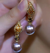 14K Gold-Plated Zircon Diamond Pearl Earrings - elegant Brown Pearl Earrings