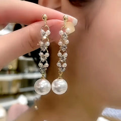 14K Gold-Plated Zircon Diamond Pearl Earrings - elegant Gold Pearl Earrings