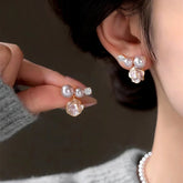 14K Gold-Plated Zircon Diamond Pearl Flower Earrings - elegant Pearl Flower Earrings