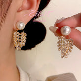 14K Gold-Plated Zircon Diamond Pearl Leaf Earrings - elegant Pearl Leaf Earrings